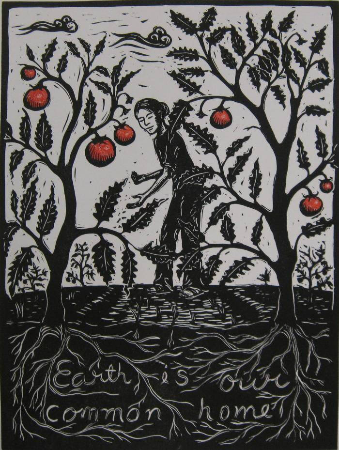 Black and white print with red tomatoes and a woman between the plants.